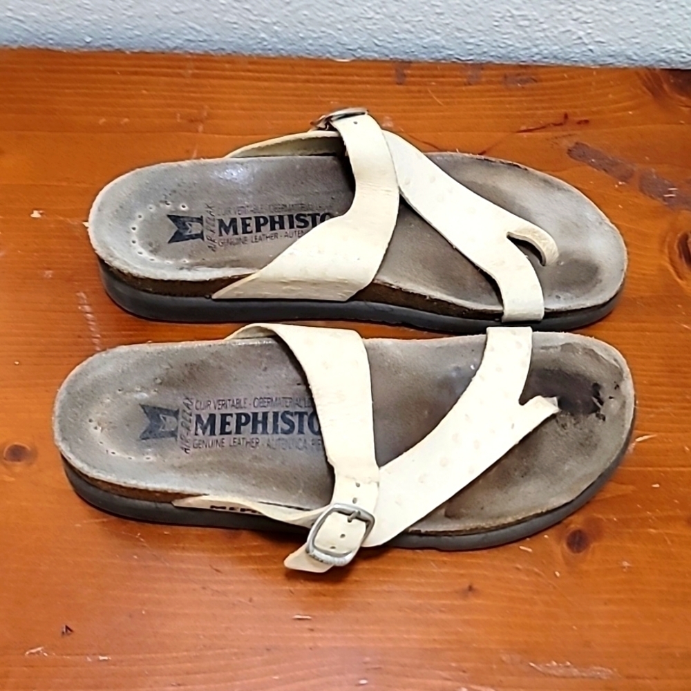 Mephisto Helen Sandals Womens 42 White Leather Cork Footbed Slides Thong Buckle